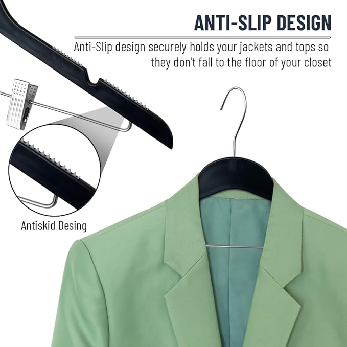 All Hung Up Hangers Slim Plastic Clothes Hangers with Clips, Space-Saving Design with Non-Slip Grip, Durable for Everyday Use, Black, 18pcs