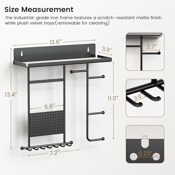 Saydear Wall Mounted Jewelry Organizer with Shelf: Metal Display Stand with Velvet Pad, Multi-Layer Necklace Hanging Rack for Bedroom Bathroom Space Saving No-Drill Wall Decor