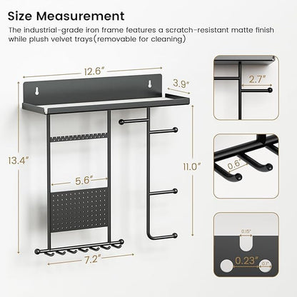 Saydear Wall Mounted Jewelry Organizer with Shelf: Metal Display Stand with Velvet Pad, Multi-Layer Necklace Hanging Rack for Bedroom Bathroom Space Saving No-Drill Wall Decor