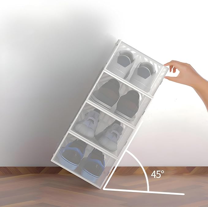 20 Pack Shoe Storage Boxes, Plastic Stackable Foldable Shoe Boxes with Clear Front Opening Door for Sneakers Flats Slippers Sandals Casual Shoes, Space Saving, 13.58*9.06*5.51in (White)