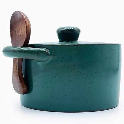 12 oz Ceramic Salt Cellar with Lid & Wooden Spoon,Countertop Salt Container,Sugar Bowl,Spices Jar| Artisan Kitchen Decor(Blue)
