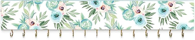 SANY DAYO HOME Wall Mounted Necklace Holder 16 x 3 inches Wood Hanging Jewelry Organizer with 15 Hooks for Necklaces, Girl Hair Bows, Bracelets - Elegant Rose