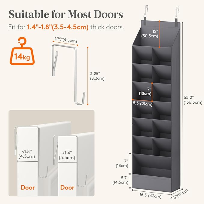 Lifewit 8 Tier Over the Door Shoe Organizer with 15 Large Deep Pockets, Fabric Hanging Shoes Shelf for Closet, Dorm Storage, Fit Up to 16 Pair Shoe Rack Holder for Sneakers, Boots, Gray