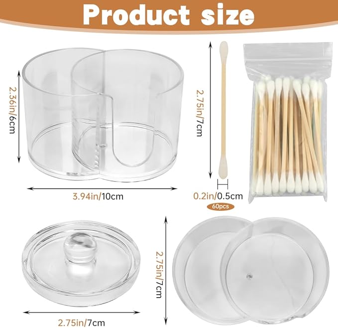 Q Tip Holder, 2-Grid Acrylic Cotton Swab & Cotton Pad Holder, 2 PCS Qtip Holder with Dustproof Lid for Bathroom,With 2 Pack of Qtips, Dressing Table Round Container