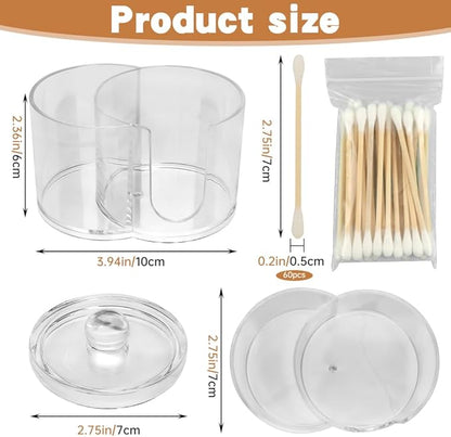 Q Tip Holder, 2-Grid Acrylic Cotton Swab & Cotton Pad Holder, 2 PCS Qtip Holder with Dustproof Lid for Bathroom,With 2 Pack of Qtips, Dressing Table Round Container