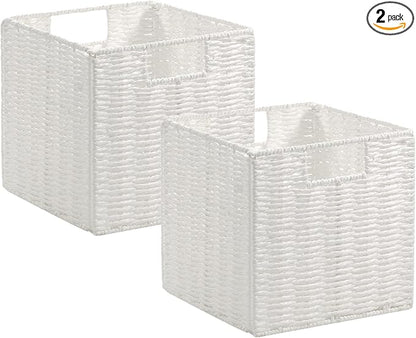 Vagusicc Wicker Storage Basket, Set of 2 Hand-Woven Wicker Baskets for Organizing, Foldable Cube Storage Basket Bins, 13 Inch Large Wicker Storage Baskets for Shelves & Decor, White (13''x13''x13'')