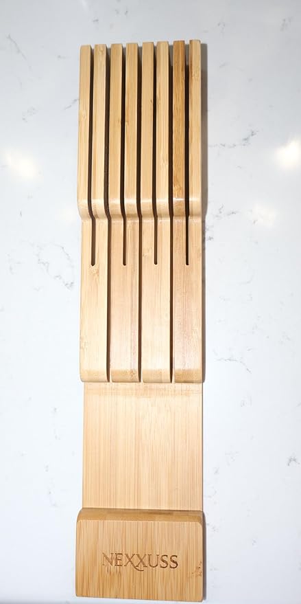 Nexxuss Bamboo Kitchen Drawer Organizer, Expandable Utensil Organizer with Removable Knife Block, Cutlery Tray Holder with Divider, Adjustable Silverware Organizer, Wood Tableware Dividers Storage