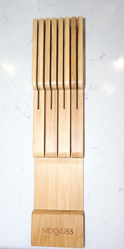 Nexxuss Bamboo Kitchen Drawer Organizer, Expandable Utensil Organizer with Removable Knife Block, Cutlery Tray Holder with Divider, Adjustable Silverware Organizer, Wood Tableware Dividers Storage