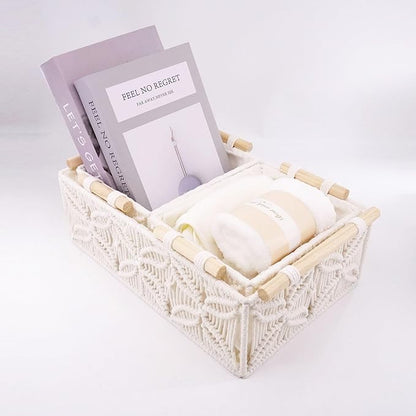 YAHUAN Macrame Storage Baskets with Wood Handles Handmade Woven Boho Decor Box for Organizing on Shelf Cabinet Countertop - Set of 3 (White)