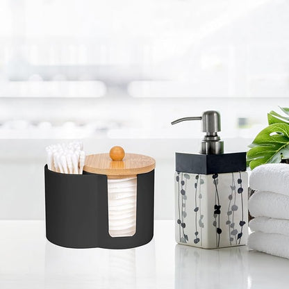 Adorila Compact Cotton Pad & Swab Holder with Bamboo Lid, Dust-Free Space-Saving Bathroom Vanity Organizer for Floss (Black)