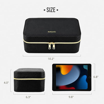 Travel Jewelry Organizer Case for Women Girls, Small Portable Jewelry Box with Compartments, Drawstring Pouch, Waterproof PU Leather Storage for Rings Earrings Necklace Bracelet, Mom Wife Gift – Black
