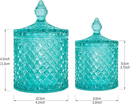 R FLORY 2 Pack Qtip Holder Glass Apothecary Jars with Lids Bathroom Storage Organizer for Cotton Swabs, Balls, Pads, Floss Picks, Vanity Storage Containers for Makeup, Candy, Jewelry (10+24oz, Green)
