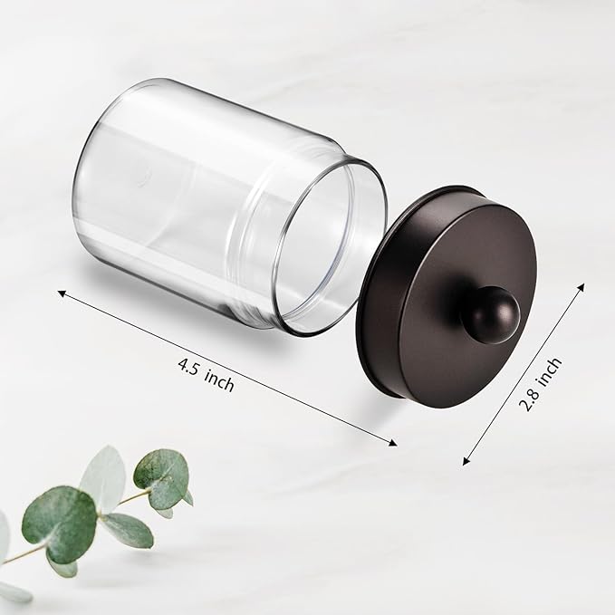 Amolliar Farmhouse Decor Qtip Holder Dispenser for Cotton Swabs,Balls, Cotton Pads, Floss - Clear Plastic Apothecary Jar for Bathroom Canister Storage, Vanity Countertop Makeup Organizer-Bronze (6)