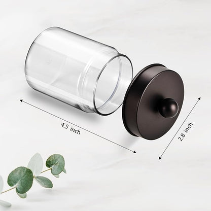Amolliar Farmhouse Decor Qtip Holder Dispenser for Cotton Swabs,Balls, Cotton Pads, Floss - Clear Plastic Apothecary Jar for Bathroom Canister Storage, Vanity Countertop Makeup Organizer-Bronze (2)
