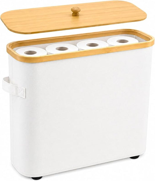 Premium Waterproof Toilet Paper Storage Box with Bamboo Lid - Fits 9 Mega Rolls, 900D Heavy-Duty Fabric Bathroom Organizer Bin with Elevated Base & Handles for Narrow Spaces (17.3"x 6.9"x 15.5")