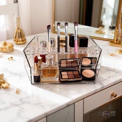 Makeup Tray Organizer Makeup Organizer Box Cosmetic Display Case Cosmetic Storage for Dresser Countertop,Bathroom Vanity,Office Desk,Washable Crystal Clear Acrylic