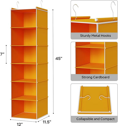 MAX Houser 6-Shelf Hanging Closet Organizer, Hanging Storage Shelves with 2 Sturdy Hooks Space-Saving for Bedroom, Foldable (Yellow)