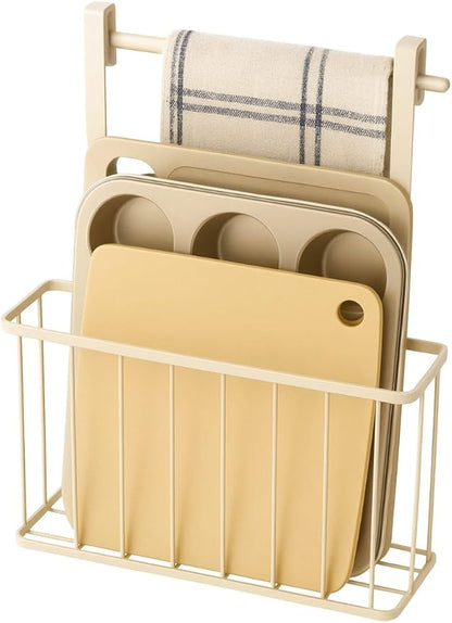 Feriha Over Cabinet Door Organizer with Towel Bar | 3-Height Adjustable Kitchen Cabinet Rack for Cutting Boards, Lids & Towels | Space-Saving Matte Black Holder (Ivory)