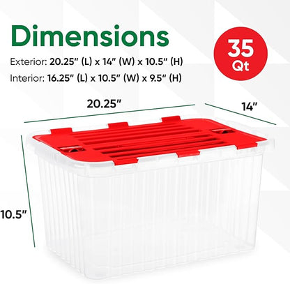 Superio Red Storage Box with Red Hinged Lids, Plastic Container Bins for Organizing with Attached Lid, Stackable Crates, BPA Free, Organizers for Home and Office, 35 Quart (20.25"x14"x10.5")