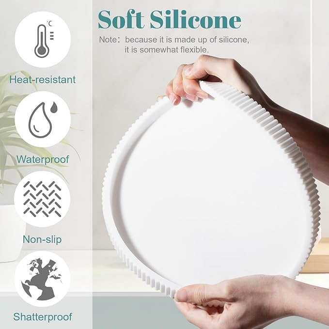 Silicone Bathroom Tray Round Kitchen Counter Organizer Decorative Vanity Accessories Coffee Table Decor for Perfume, Candle, Soap Dish, 9 Inch, White