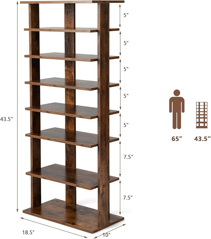 Giantex 8-Tier Wooden Shoe Rack, Patented Double Row Shoe Organizer for 16 Pairs, Customizable Height, Space-Saving Shoe Storage Stand for Entryway, Hallway, Living Room, Bedroom, Brown