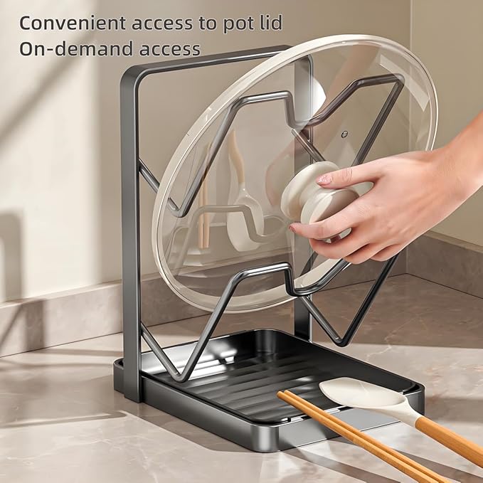 Lispin Pot Lid Holder & Spoon Rest, 2026 Upgraded Multifunctional Kitchen Organizer Rack with Removable Drip Tray, Space-Saving Countertop Stove Top Storage for Pots Pans (Double Layer-Gray)