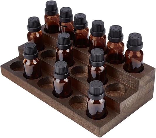 BENECREAT 3-Tier 18 Slots Wooden Essential Oil Organizer, Vintage Brown Wood Essential Oil Display Stand Makeup Storage Rack for Tabletop Essential Oils Perfume Nail Polish, Slot ID: 1.3inch
