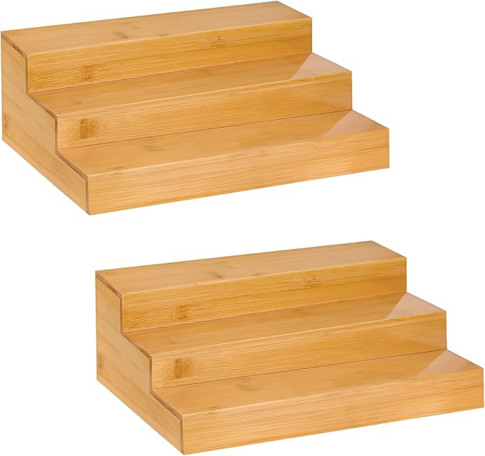 Spice Rack Organizer for Cabinet - Bamboo Spice Shelf, 3 Tier Seasoning Organizer for Countertop, Kitchen, Pantry 2 Pack