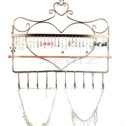 Wall Hanging Jewelry Organizer Holder, 28 Hooks Wall Mounted Storage Shelf, Heart Shape Earrings Necklace Display, Bracelet Key Chain Bangle Metal Hanger Rack – Gift for Ladies Women (Brown)