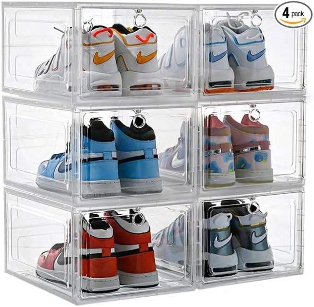 6 Pack JVedette Clear Shoe Storage Boxes Stackable Display | Large Capacity Sneaker Containers with Magnetic Side/Front Drop Door for Closet Organization | Plastic Shoe Organizer Bins
