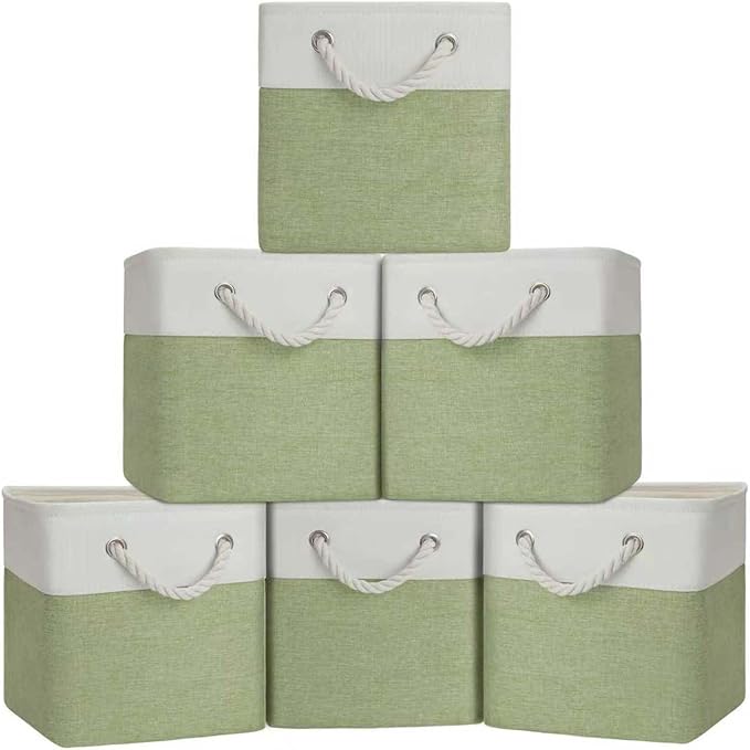 Cube Storage Bins, Collapsible Fabric Storage Cubes Bins, 11 Inch Cube Storage Bins with Handles, Foldable Storage Cubes (White/Green, 6Pack)