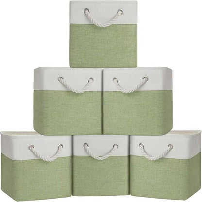 Cube Storage Bins, Collapsible Fabric Storage Cubes Bins, 11 Inch Cube Storage Bins with Handles, Foldable Storage Cubes (White/Green, 6Pack)