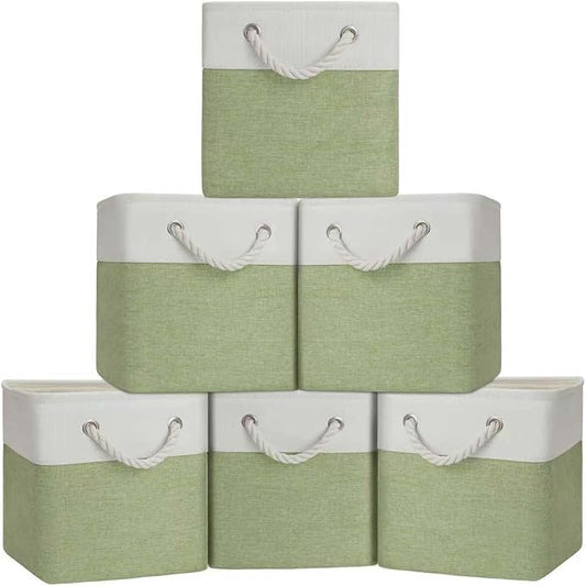 Cube Storage Bins, Collapsible Fabric Storage Cubes Bins, 11 Inch Cube Storage Bins with Handles, Foldable Storage Cubes (White/Green, 6Pack)
