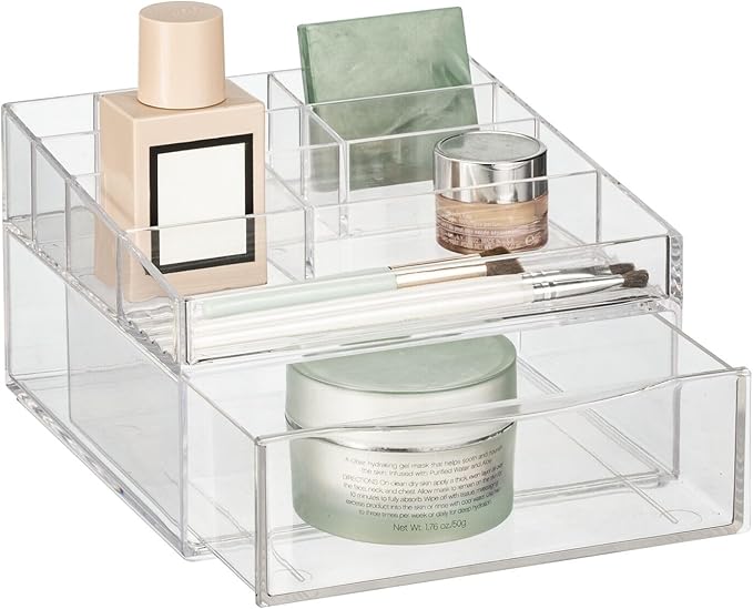 mDesign Plastic Divided Makeup Organizer Holder Bin with Front Drawer for Bathroom Vanity, Countertop Storage - Cosmetic Organization Holds Palettes, Brushes, Accessories - Cadi Collection - Clear