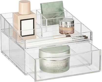 mDesign Plastic Divided Makeup Organizer Holder Bin with Front Drawer for Bathroom Vanity, Countertop Storage - Cosmetic Organization Holds Palettes, Brushes, Accessories - Cadi Collection - Clear