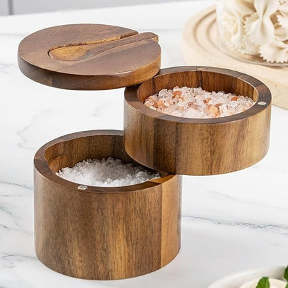 Wooden Salt Box with Magnetic Swivel Lid, Acacia Wood, Dual Compartments, 9x10.5cm, Kitchen Storage Container with Spoon