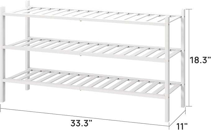 viewcare 3-Tier Long Shoe Rack, Bamboo Wood Shoe Rack for Closet, Entryway & Hallway, Stackable White Shoe Shelf Storage Organizer for Indoor Outdoor