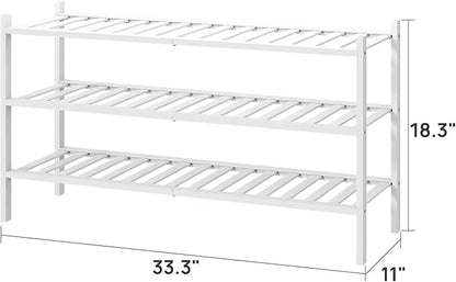 viewcare 3-Tier Long Shoe Rack, Bamboo Wood Shoe Rack for Closet, Entryway & Hallway, Stackable White Shoe Shelf Storage Organizer for Indoor Outdoor