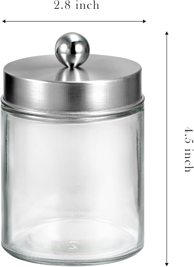 SheeChung 2-Pack Qtip Holder Dispenser - Glass Apothecary Jars with Rust-Proof Stainless Steel Lids - Modern Farmhouse Bathroom Vanity Organizer for Cotton Swabs, Balls, Pads(Brushed Nickel,2Pack)