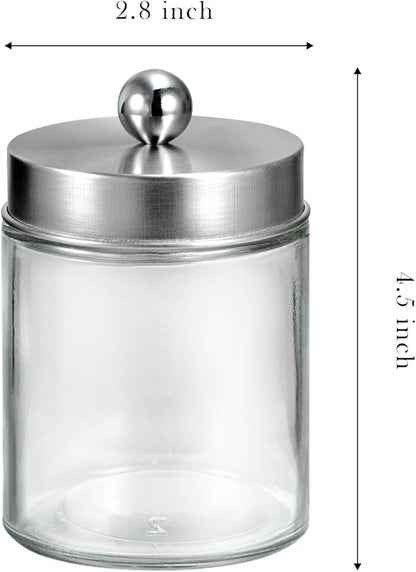 SheeChung 2-Pack Qtip Holder Dispenser - Glass Apothecary Jars with Rust-Proof Stainless Steel Lids - Modern Farmhouse Bathroom Vanity Organizer for Cotton Swabs, Balls, Pads(Brushed Nickel,2Pack)