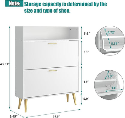 JOZZBY Shoe Cabinet for Entryway, White Narrow Shoe Storage Cabinet with 2 Flip Drawers and Open Shelves, Hidden Freestanding Shoe Rack Storage Organizer for Hallway, Living Room