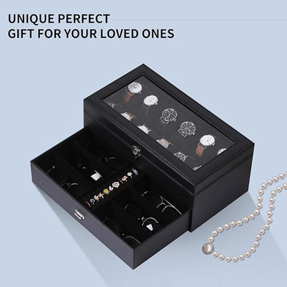 AUTOARK Leather & Velvet 12 Watch Box Jewelry Case and 6 Piece Sunglass Eyeglasses Organizer,2 Layers with 1 Drawer,Lockable,Large Glass Top,Black,MKAW039