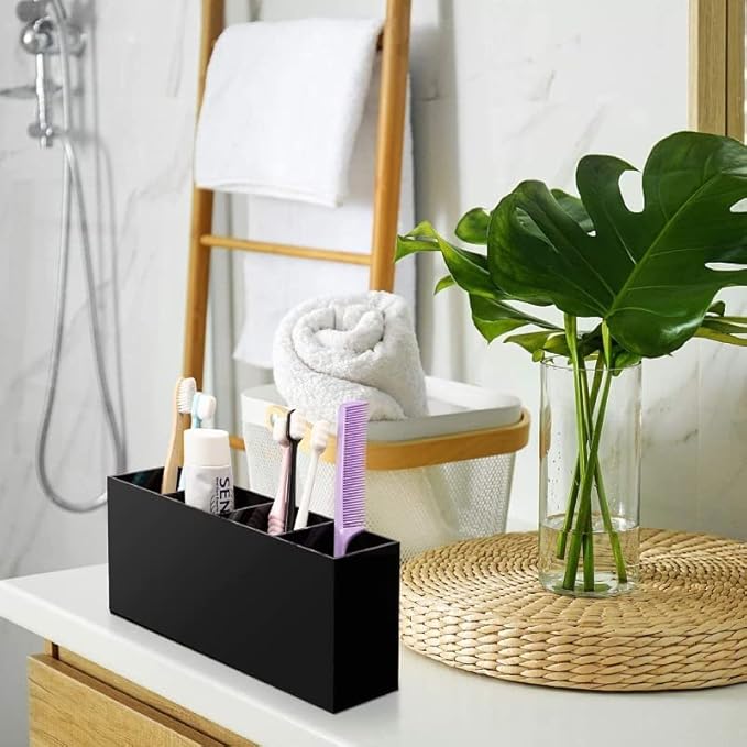 AKOAK 1 Pack Black and White Three Grid desktop Storage Box, Girl Makeup Brush Lipstick Eyebrow Pencil Display Stand, Office Pen Holder, Dressing Table, Bathroom Makeup Tool Storage Box (Black)