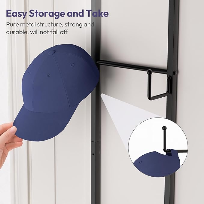 SWTYMIKI Over Door Hat Organizer - Wall Mounted Hat Rack with 6 Hooks and Metal Basket Design, Hanging Baseball Cap Organizer Storage Holds Up to 32 Caps for Door, Bedroom, Closet (Black)