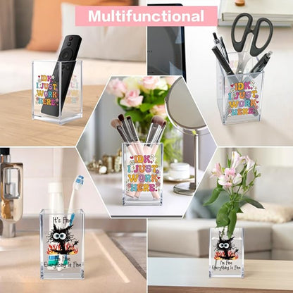 Funny Black Cat Work 2 Pack Acrylic Cosmetic Pencil Pen Holder Cup, Cute Office Pen Holder for Desk, Funny Work Burnout Gifts for Coworker Friend, Office Sarcastic Gifts for Women Colleague Boss