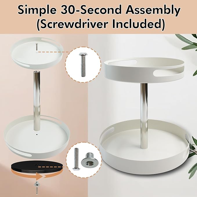 360° Rotating Bathroom Countertop Organizer, Metal Makeup Organizer for Vanity,2-Tier Spinning Storage Tray for Bathroom,Kitchen,Living Room,Multi-Purpose Countertop Shelf,White Lazy Susan