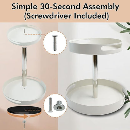 360° Rotating Bathroom Countertop Organizer, Metal Makeup Organizer for Vanity,2-Tier Spinning Storage Tray for Bathroom,Kitchen,Living Room,Multi-Purpose Countertop Shelf,White Lazy Susan