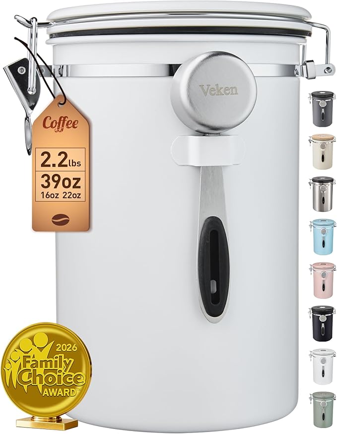 Veken Coffee Canister, 39OZ Large, Airtight Stainless Steel Food Storage Container for 2.2lbs Coffee Beans, Ground, Sugar, Tea, Flour, Cereal, Kitchen Bar Accessories with Date Tracker & Scoop, White