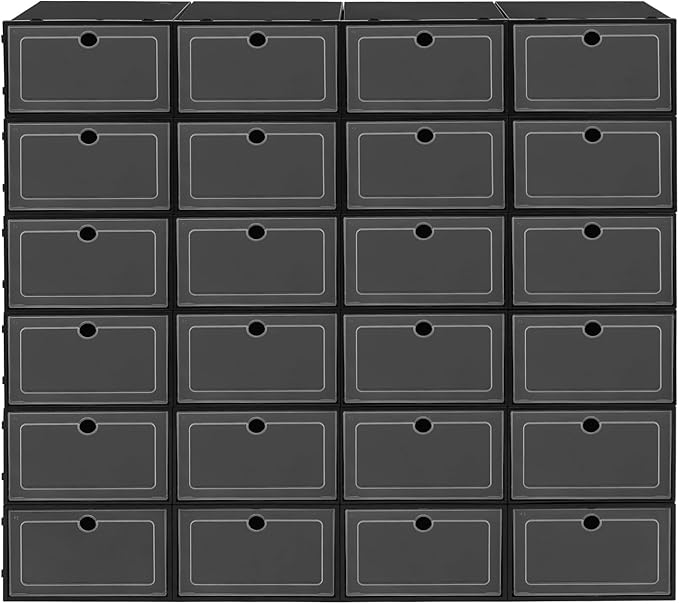 Shoe Storage, 24 Pack Shoe Organizer for Closet, Black Plastic Stackable Shoe Storage Boxes for Cabinet, Bedroom, Living room, Balcony, Black