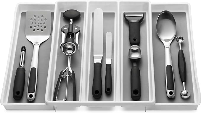Expandable Utensil Tray Drawer Organizer, 5 Compartment Adjustable Serving Utensils Holder, Multi-Purpose Storage for Kitchen, Office, Bathroom Supplies